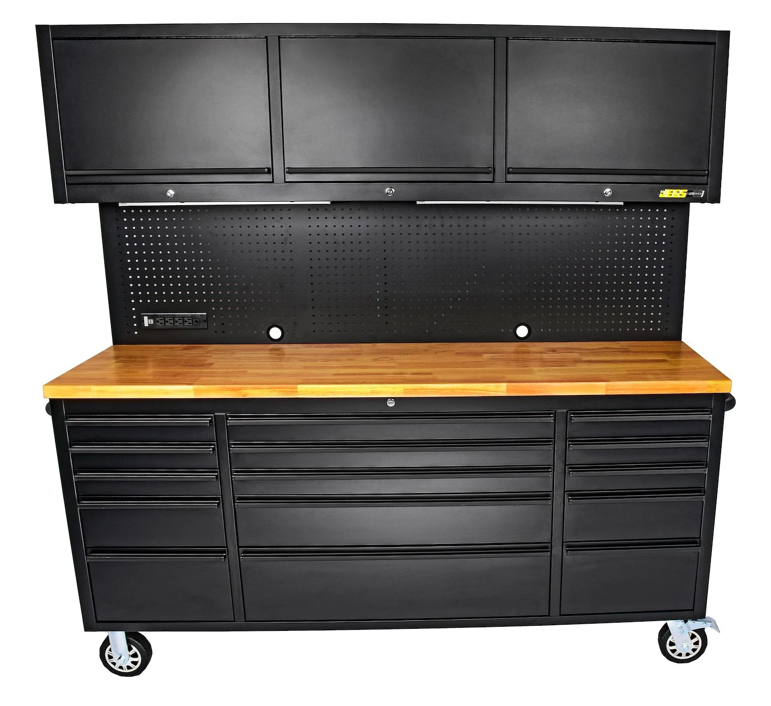 JEGS 72 in. 15-Drawer Rolling Tool Cabinet with Upper Storage [Black]