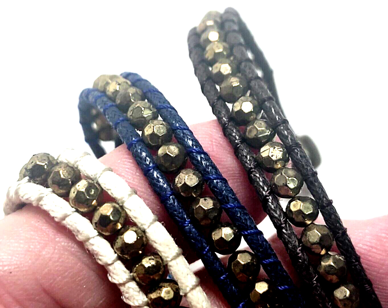 3 Natural Leather & Metal Bead Stretch Bracelets Brown White Blue Claire's NWT
