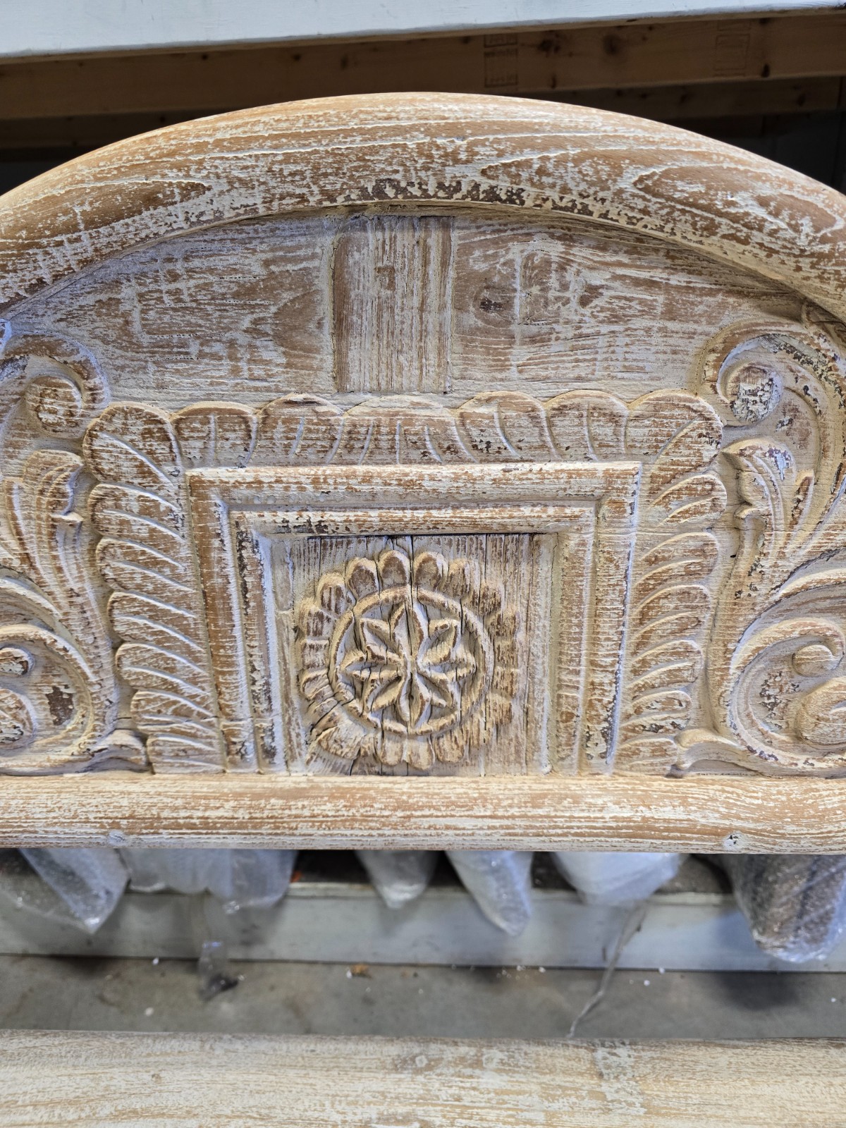 Reclaimed solid wood bench with floral carving design
