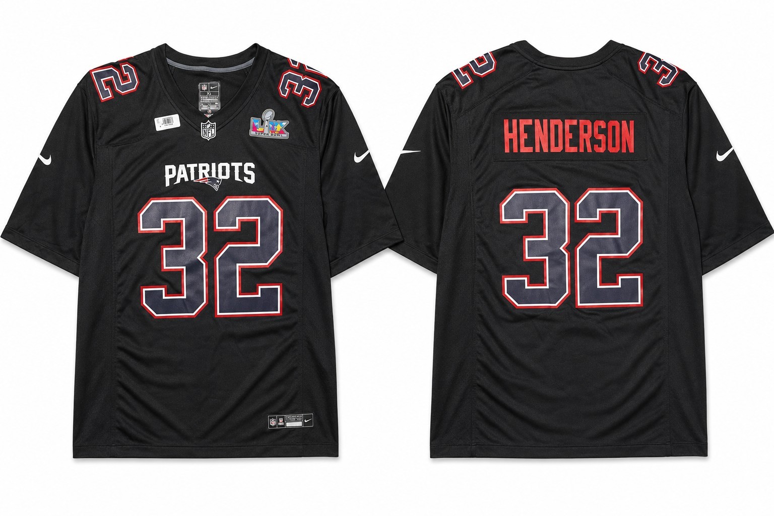 Men's New England Patriots TreVeyon Henderson Nike Black Super Bowl LX Patch XL