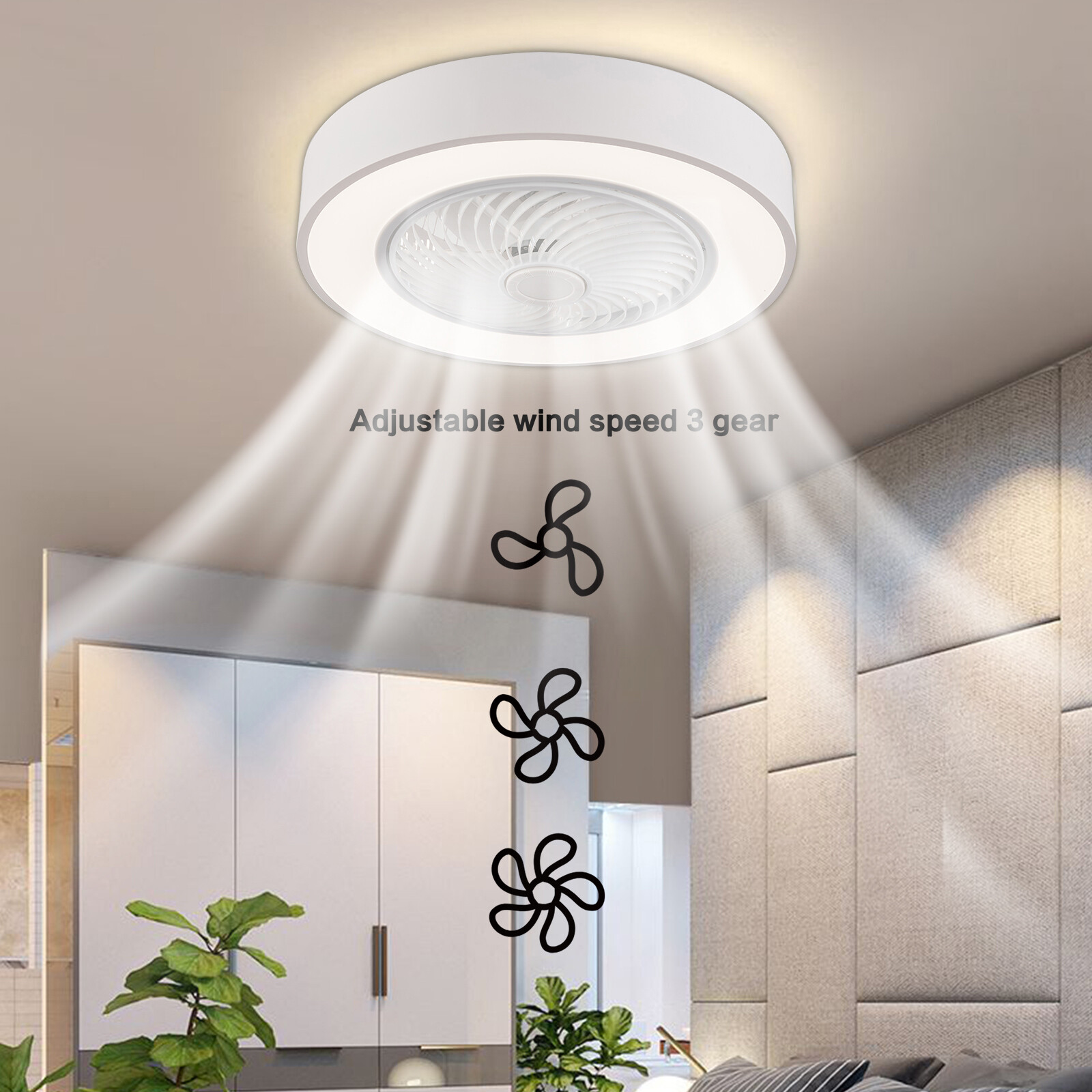 Round Acrylic Ceiling Fan Light 22"LED Fan Invisible Flush Mount With Remote