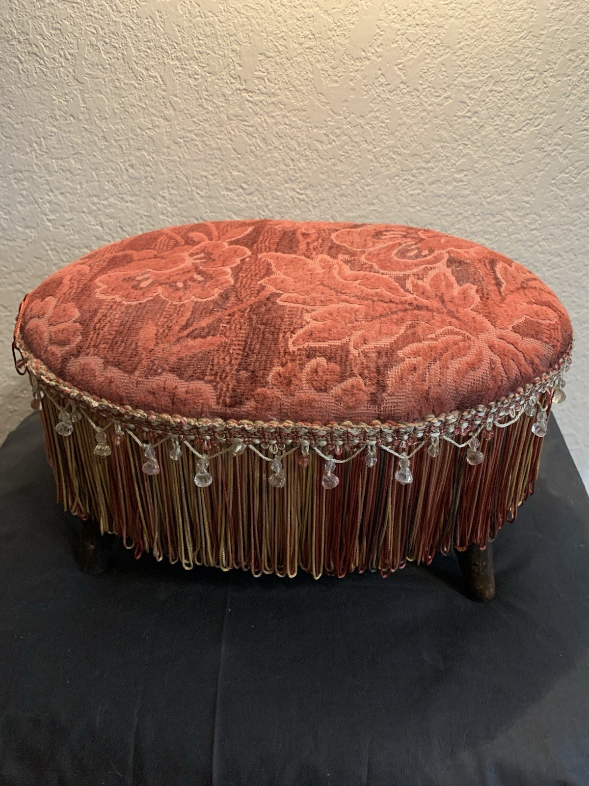 Vintage Round Wooden Footstool  With Fringe And Beads - Rose  damask fabric seat