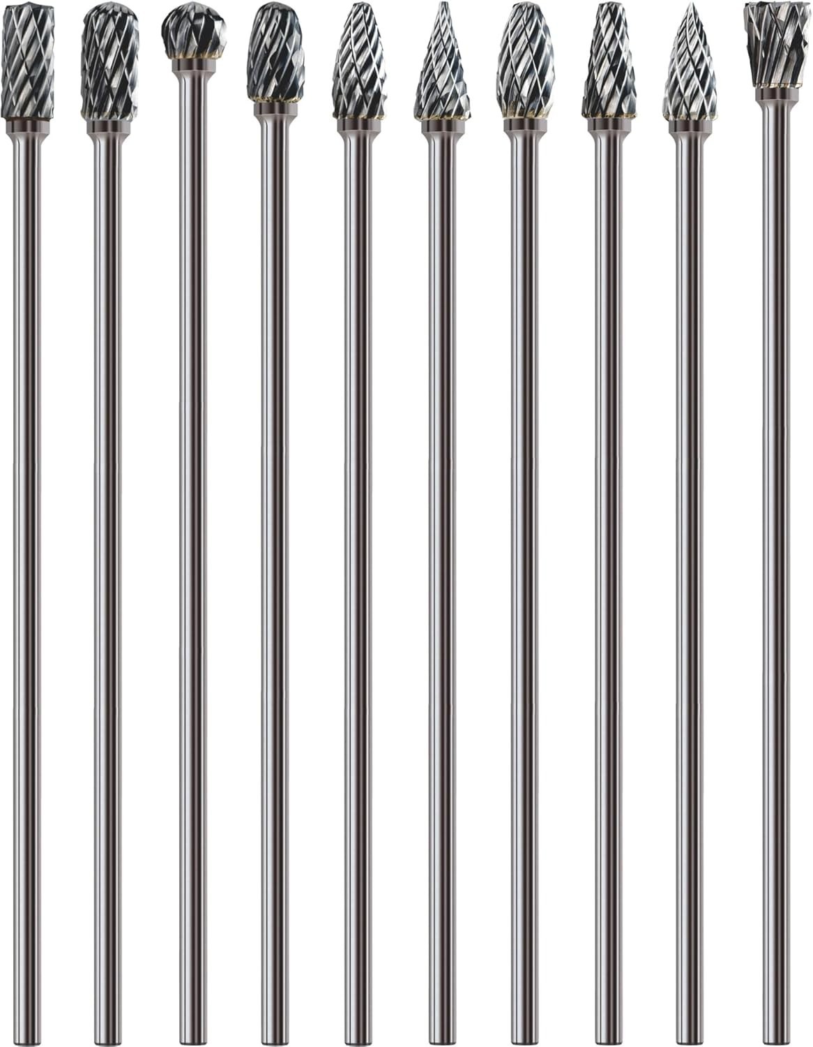 10Pcs Long Carbide Burr Set 1/8" Shank Die Grinder Bits for Metal & Engine Work