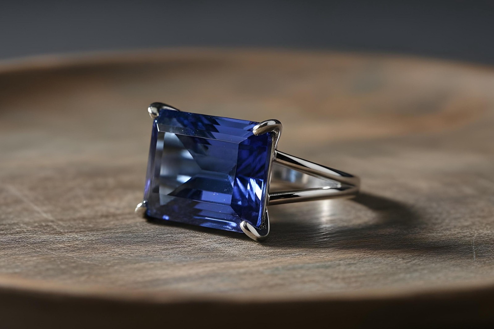Silver Sapphire Ring Anemone Jewelry Rectangle Emerald Cut Blue Gem