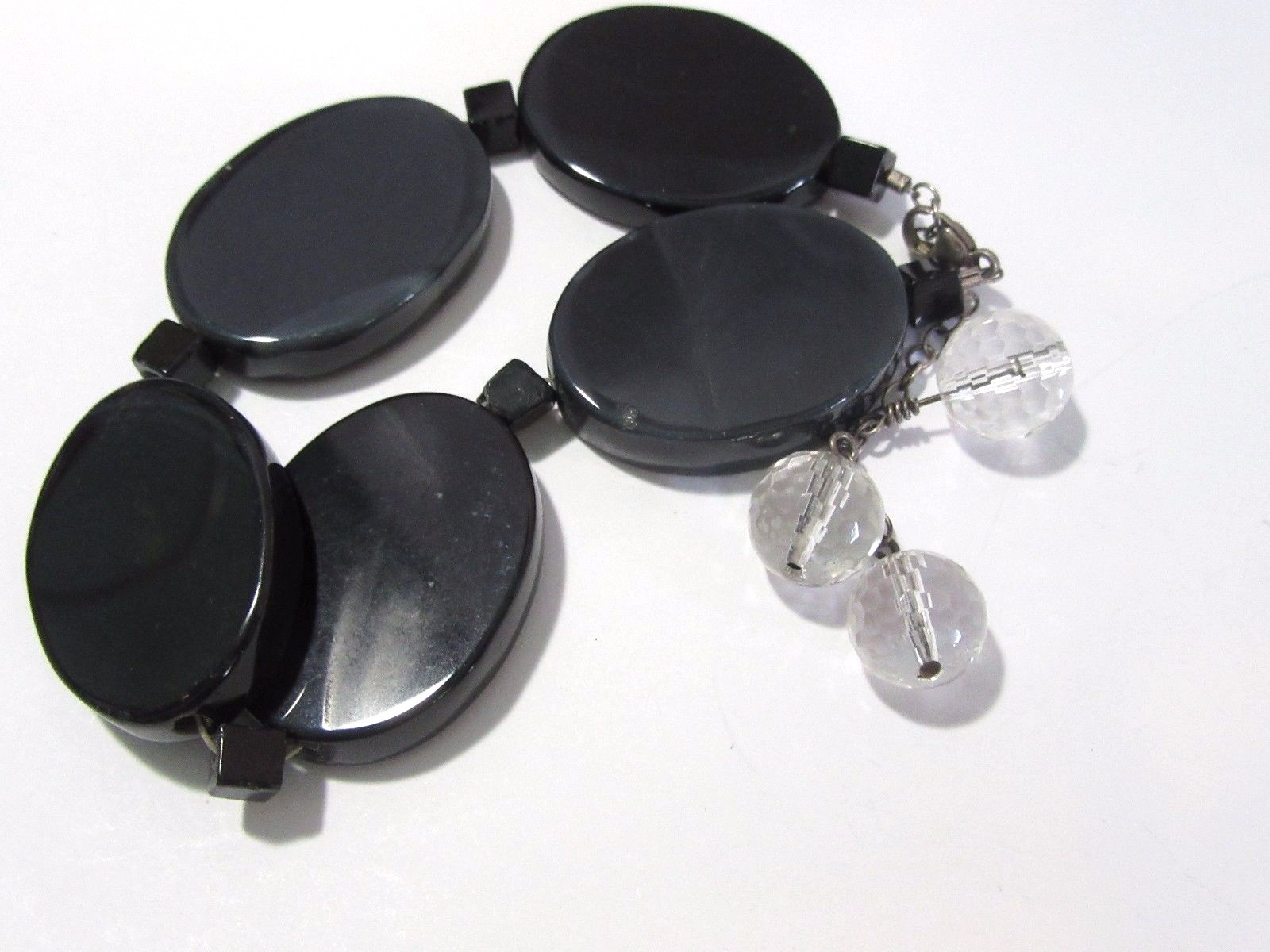 HANDCRAFTED BRACELET LARGE BLACK OVAL GEMSTONES WITH THREE DANGLE CRYSTAL BEADS
