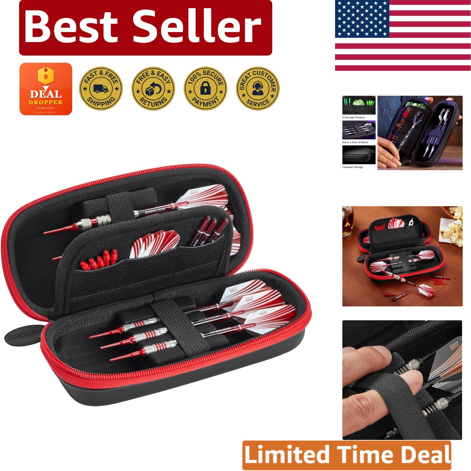 Elegant Sentry Dart Case in Slim Design for 6 Steel/Soft Tip Darts - Red Zipper