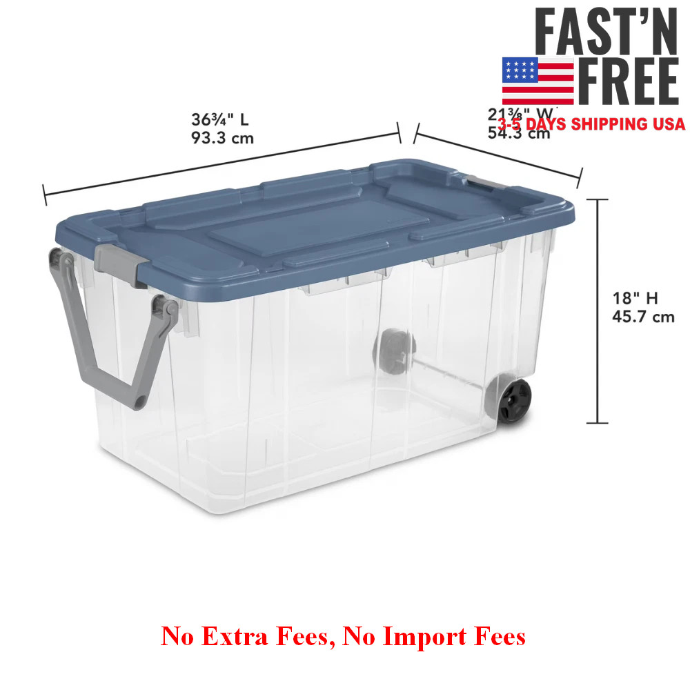 Sterilite 160 Quart Wheeled Storage Box, Plastic Bin, Blue Moonlight, Set of 2