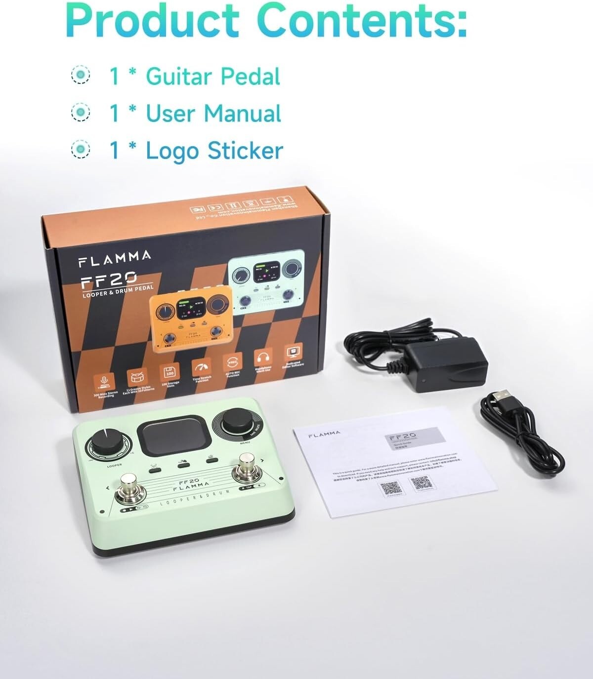 FLAMMA FF20 Looper Pedal Drum Machine, Guitar Mint Green