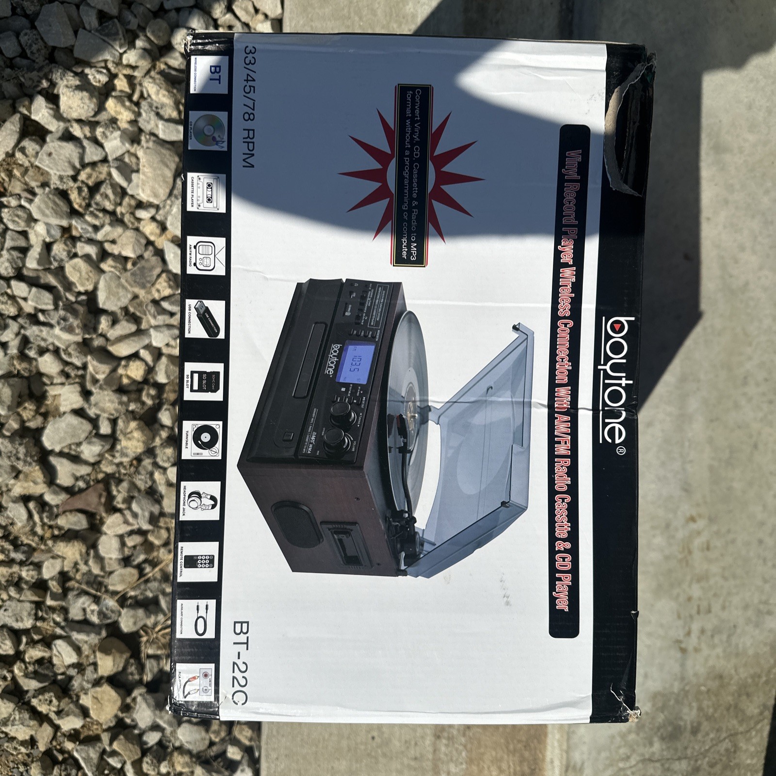 Boytone BT-22C Bluetooth Record Player Turntable AM/FM Cassette speaker NEW