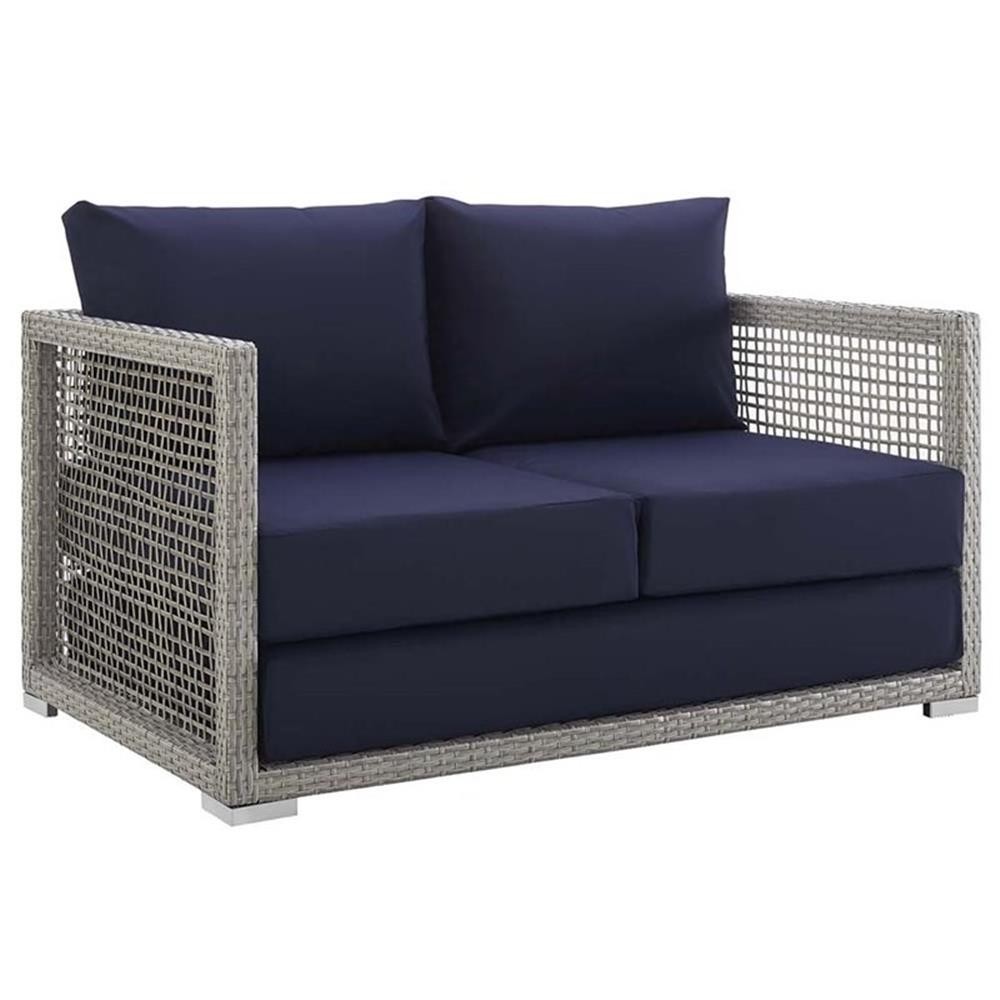 Modway Aura Modern Rattan & Fabric Outdoor Patio Loveseat in Gray and Navy