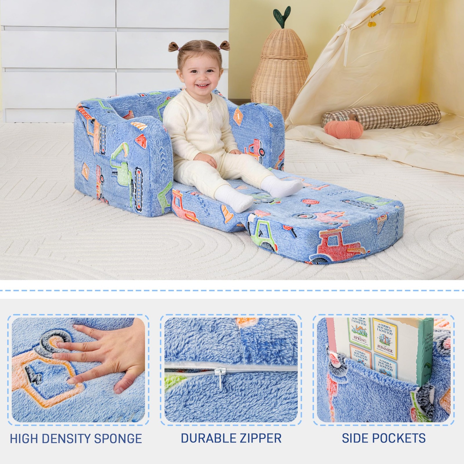 Thick Comfy Toddler Chair and Couch for Kids,2-in-1 Soft Plush Fold Out Sofa ...