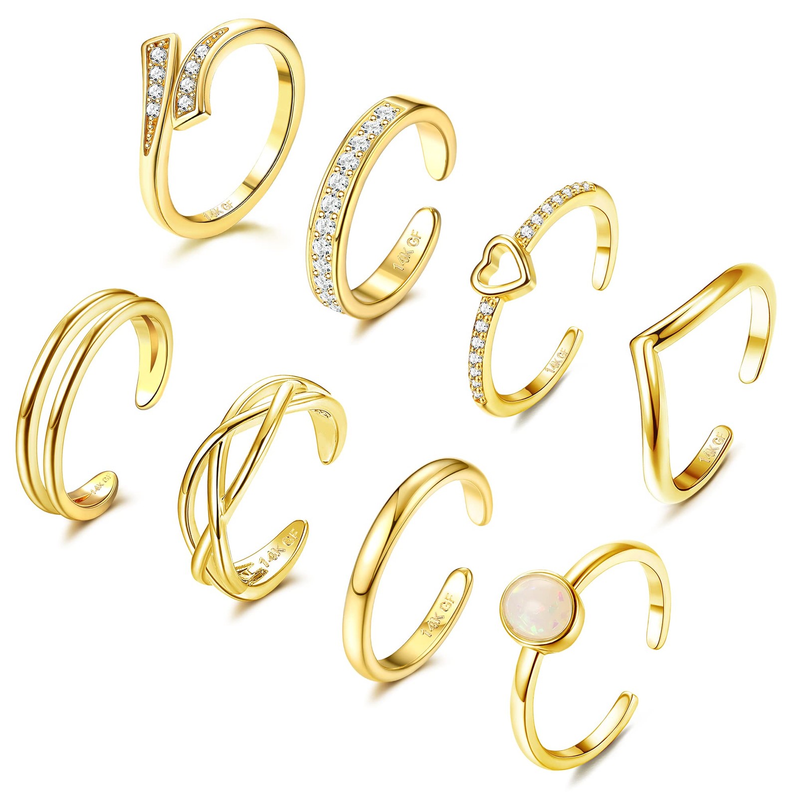 FIBO STEEL 8Pcs 14K Gold Plated Toe Rings for Women Non One Size,