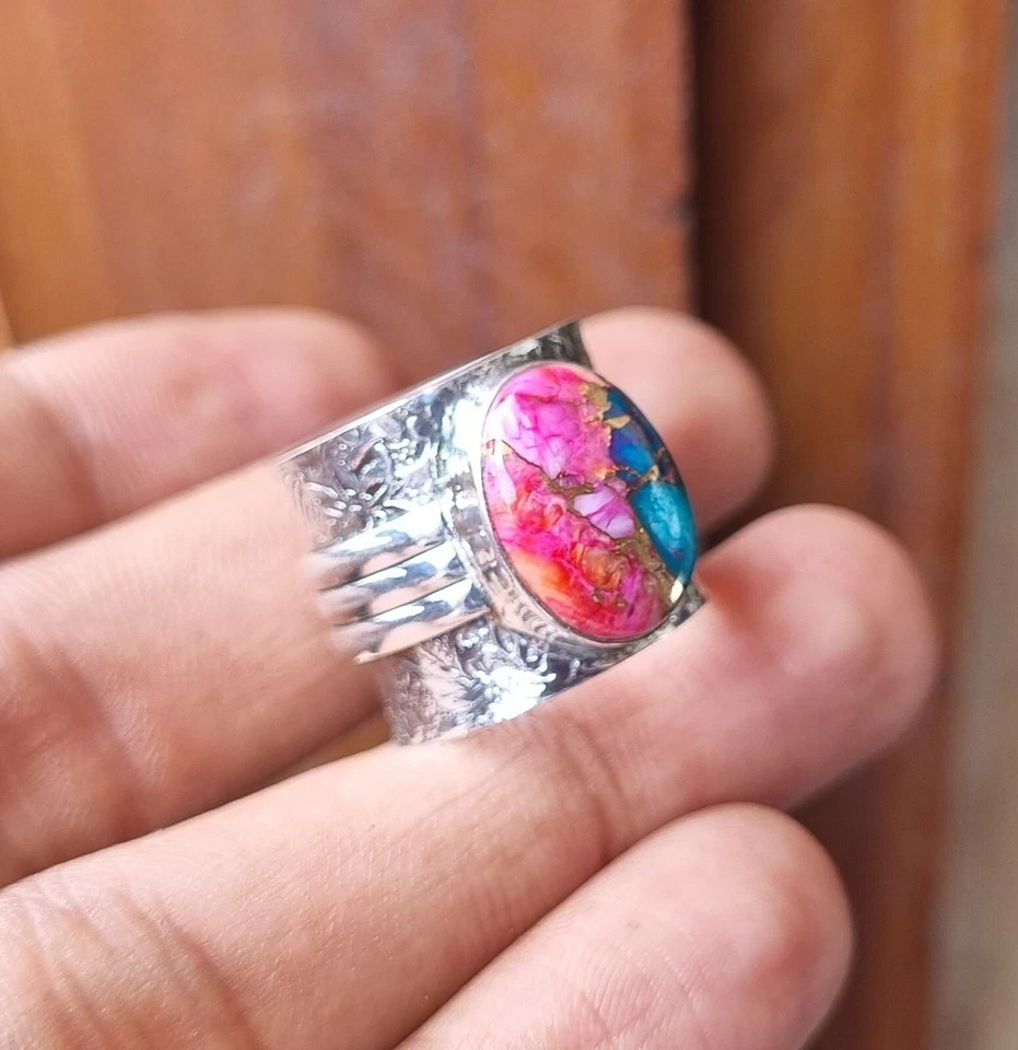 Pink Copper Turquoise Gemstone Ring Solid 925 Sterling Silver Beautiful Ring MK*