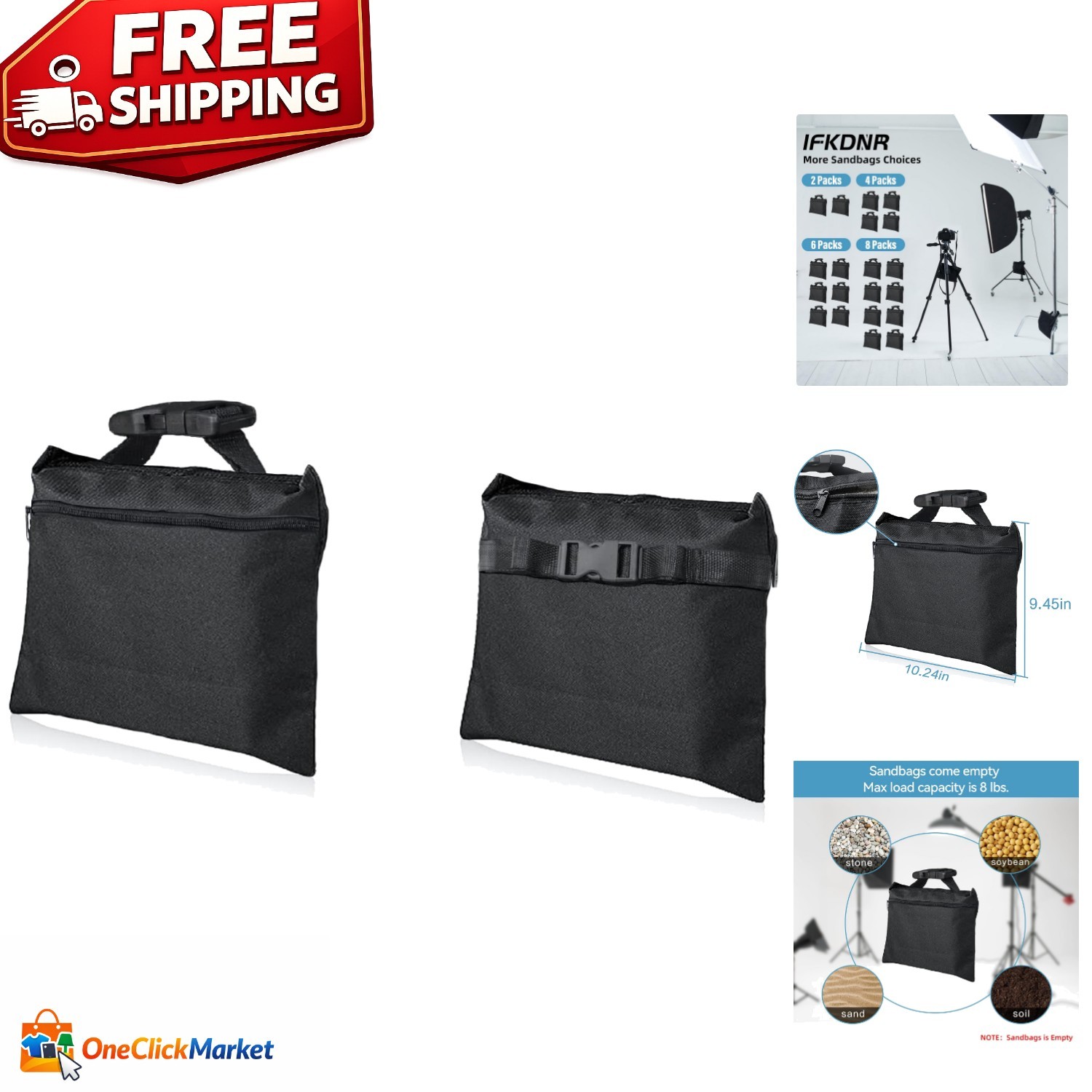 Durable Sandbags for Light Stands - 2 Pack with Zipper & Buckle Straps