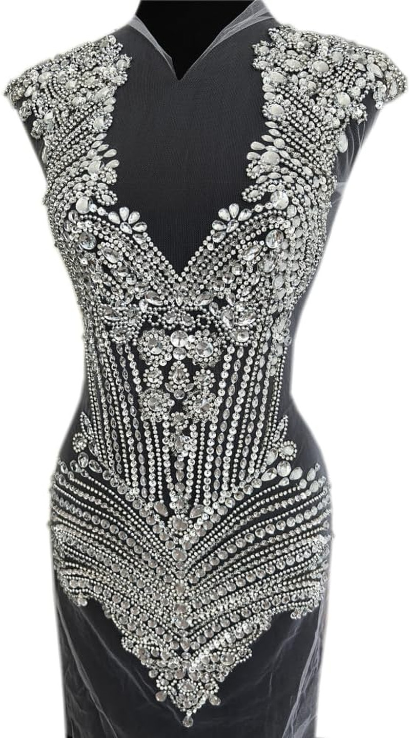 Handmade Silver White Rhinestone Beaded Appliques for Bridal Evening Dresses