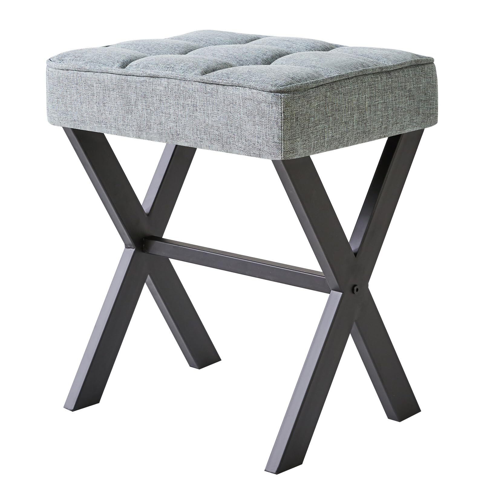 Square Makeup Stool X-Leg Foot Rest Linen Ottoman Seat Side Table Blue Gray