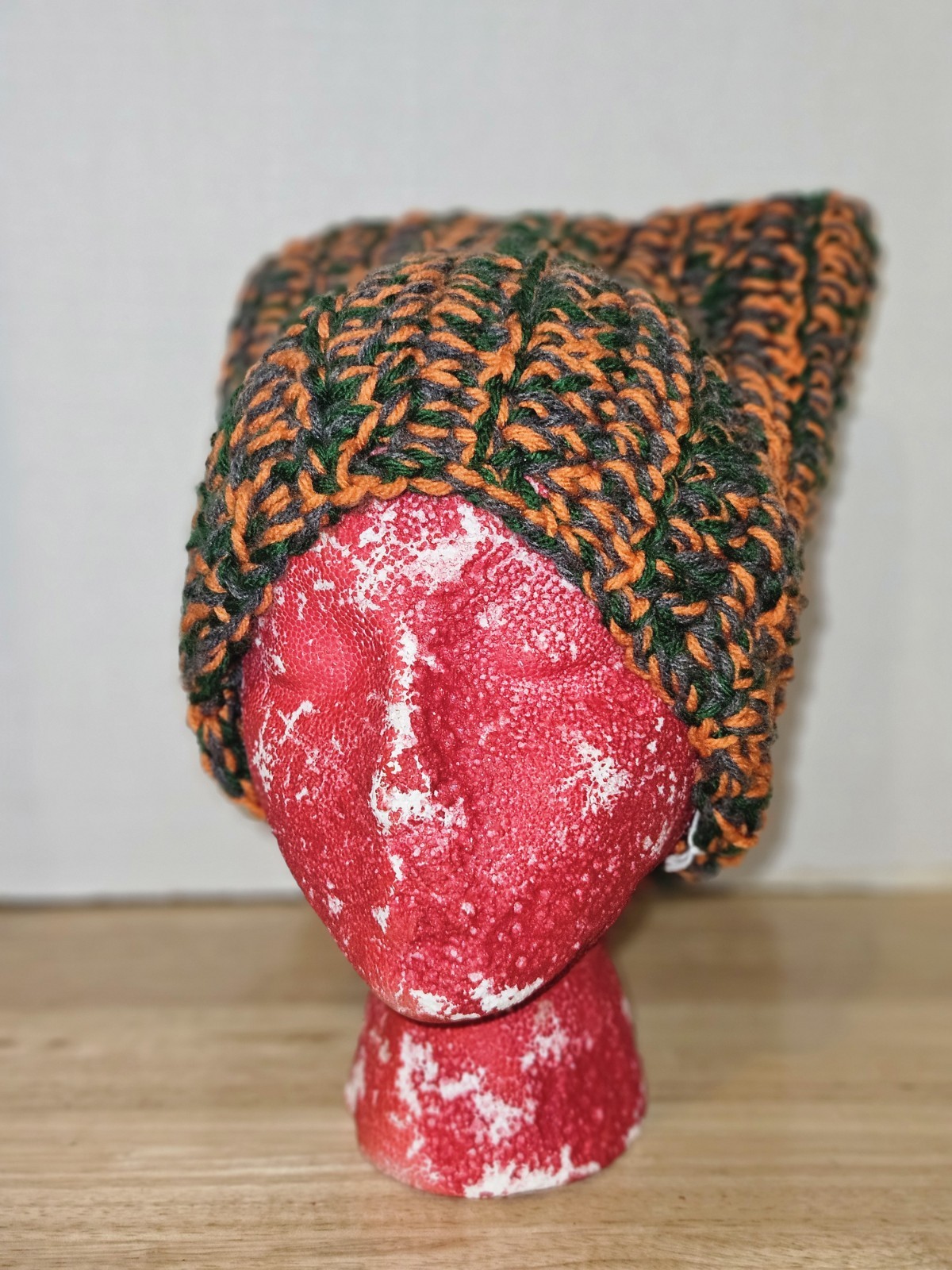 Handmade Chunky Cat Earred Beanie Hat Orange Green  And Grey Pointed Design