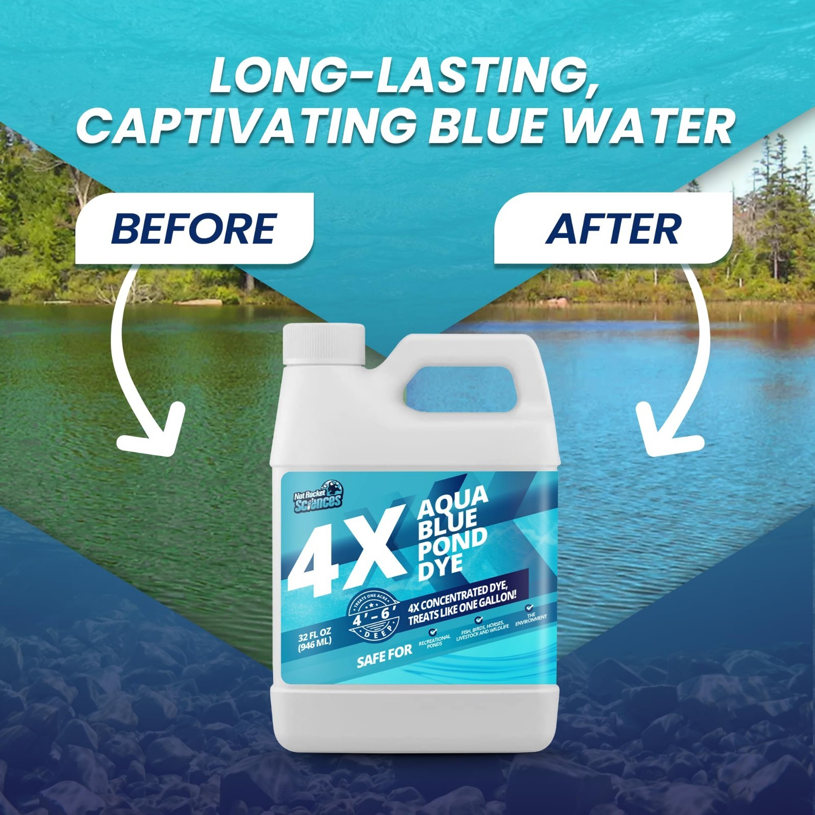32oz Aqua Blue Pond Dye 4X Concentrate Lake Colorant Treats 1 Acre Fish Safe