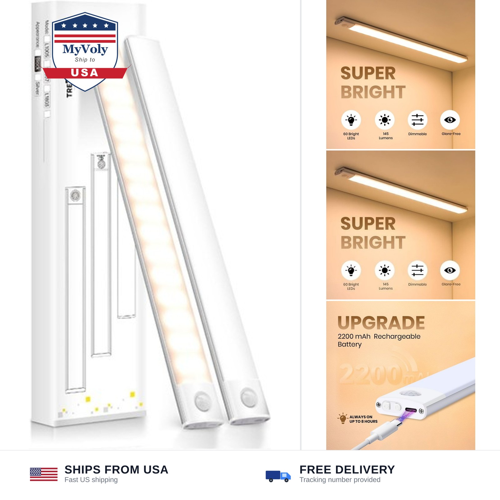 12 Inch Under Cabinet Lighting, 2 Pack 60 LED Motion Sensor Lights, 145LM USB...