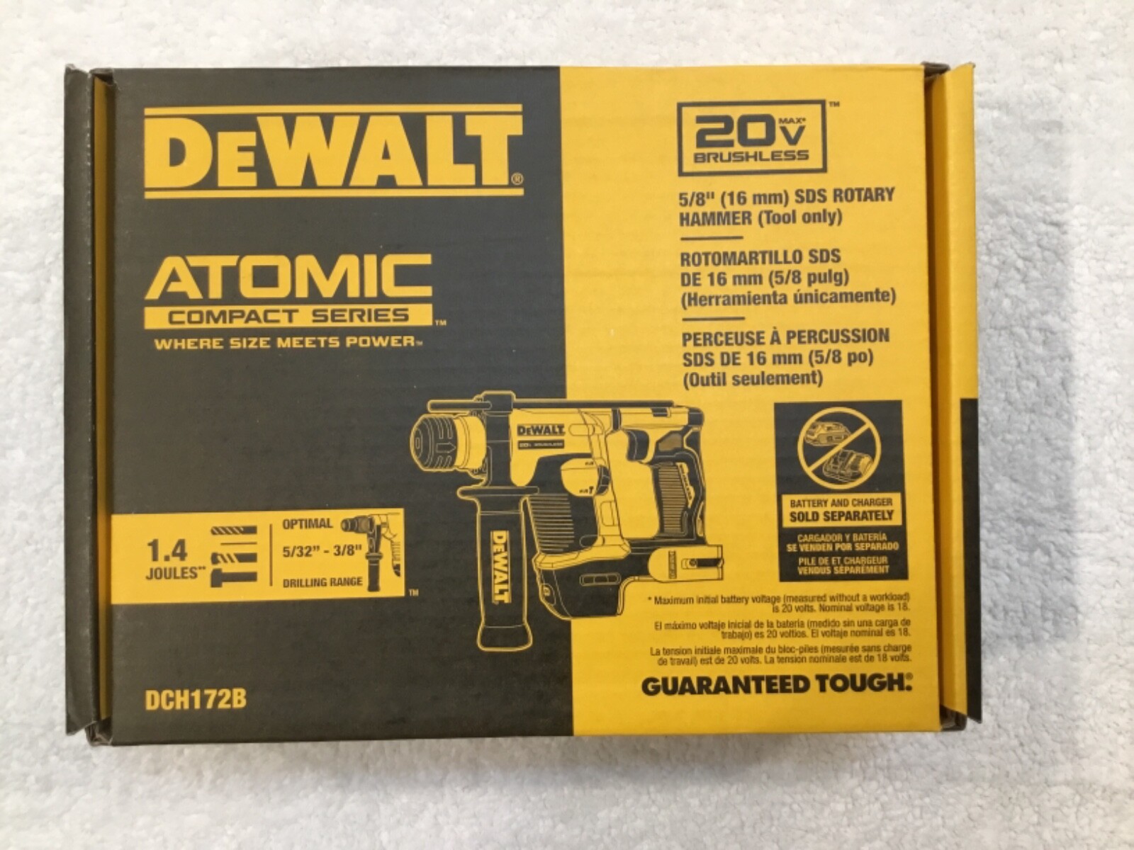 New Dewalt DCH172B 20 Volt Max Atomic Brushless 5/8” SDS Rotary Hammer (NIB)