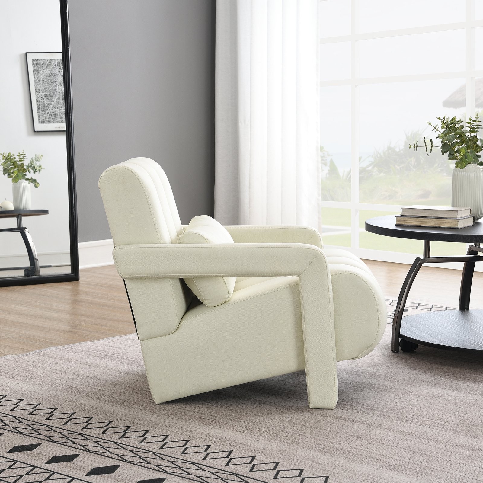 Modern Linen Fabric Upholstered Accent chair Lounge Arm Chair with Pillow Beige