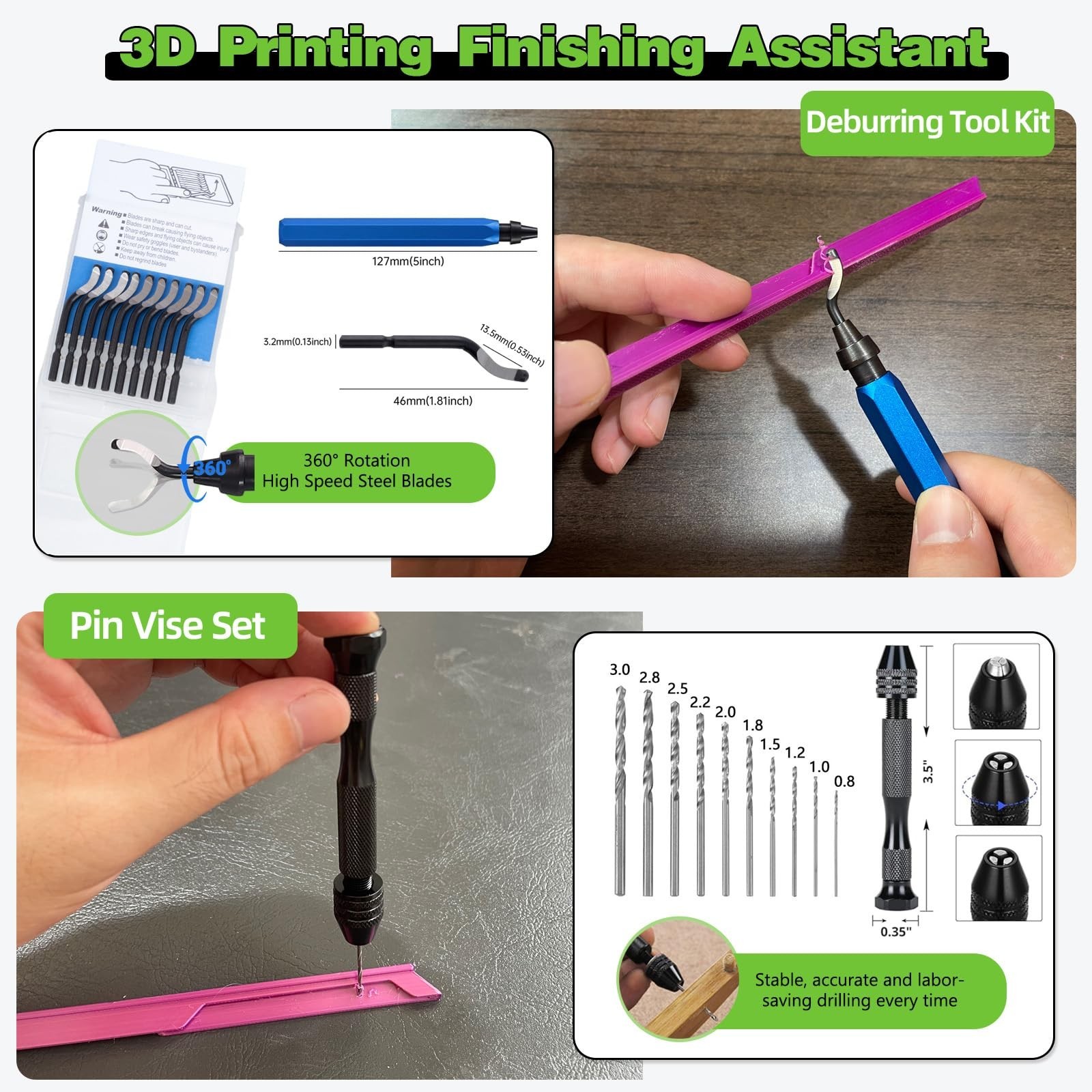 3D Printing Tool Set with Wood Box – 3D Printer Tools Features a deburring