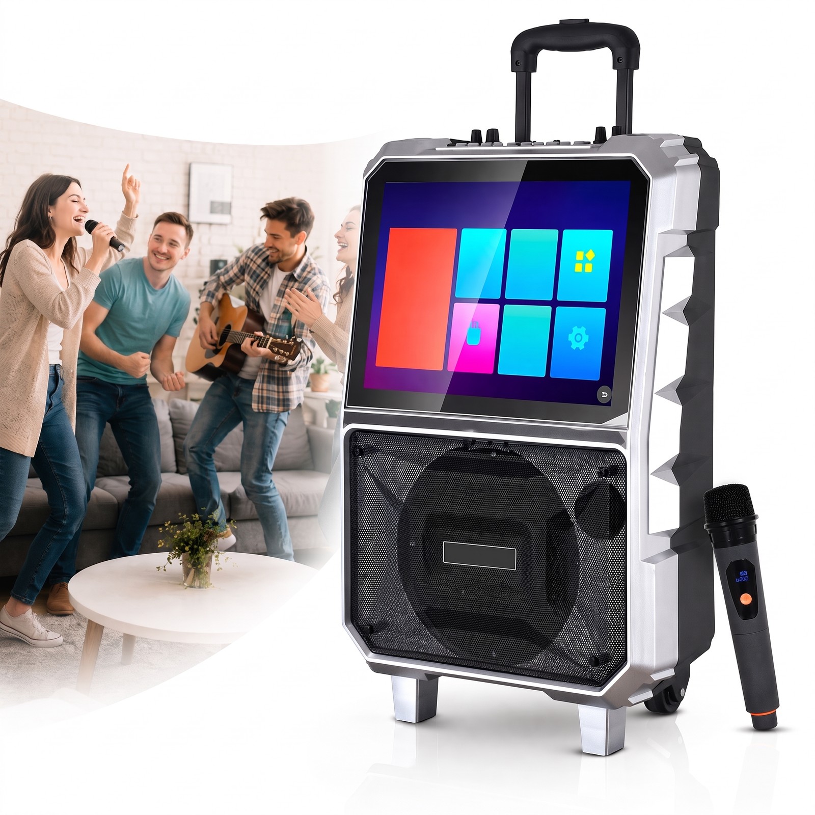 Professional Karaoke Machine BT Speaker w/ Wireless Mic & Lyrics Display Screen