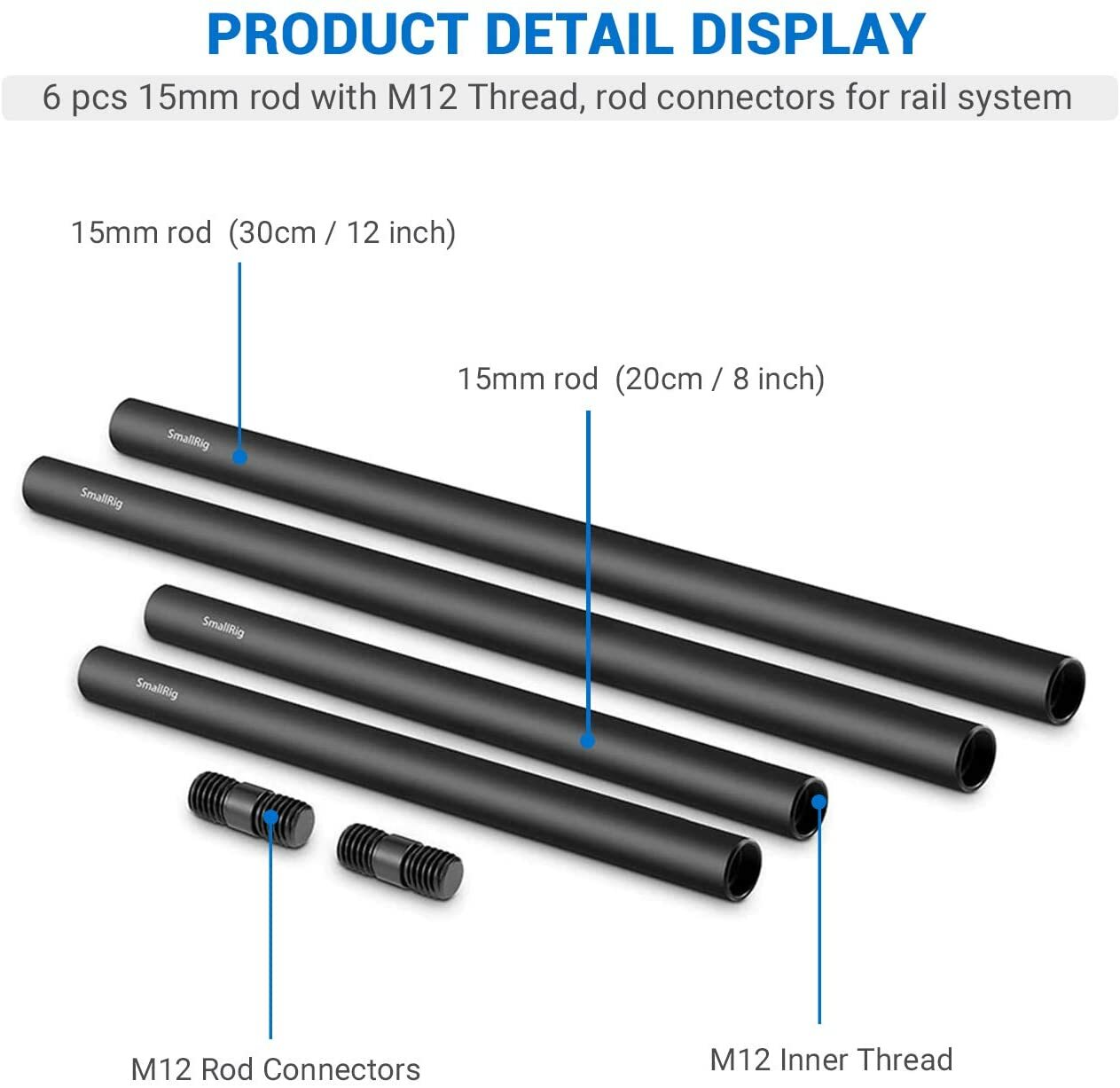 SmallRig 15mm Rods Aluminum Extendable Rail Support (6pcs ) for Camera Rig-1659