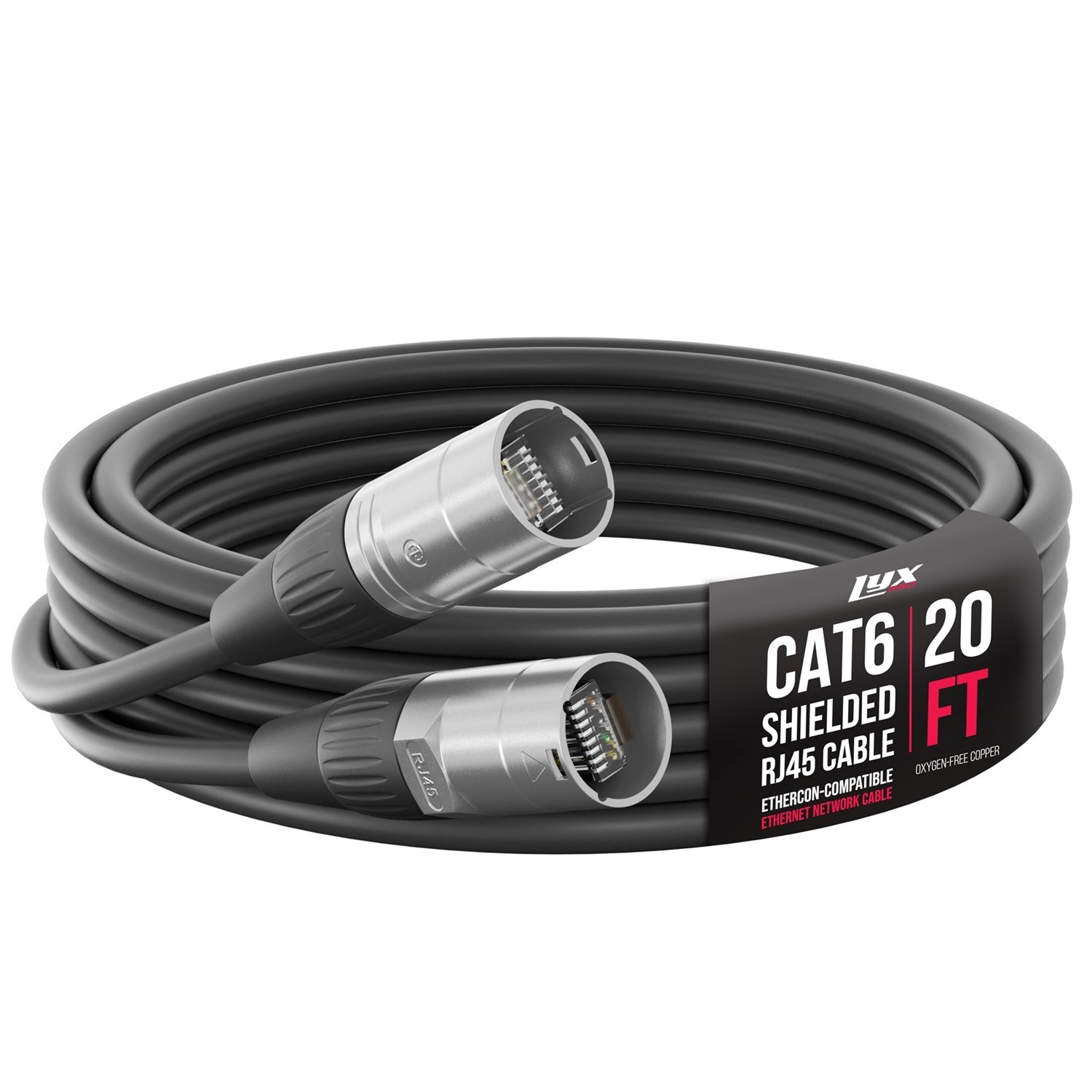 LyxPro 20ft Shielded CAT6 Ethercon RJ45 Cable Pro Audio Lighting Cable, Black