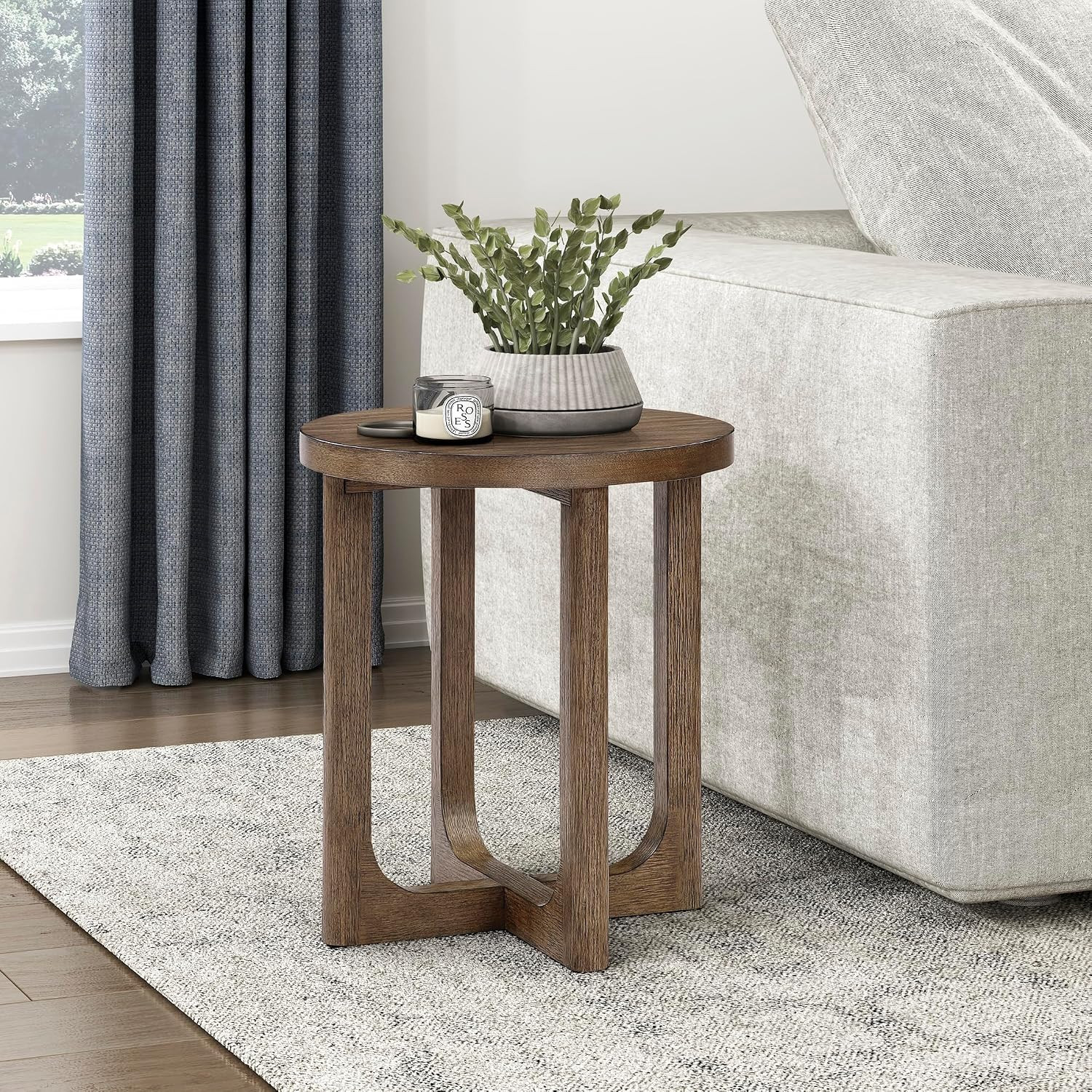 20 Inch Wooden round End Table for Living Room, Light Brown | Walnut Veneer, Stu