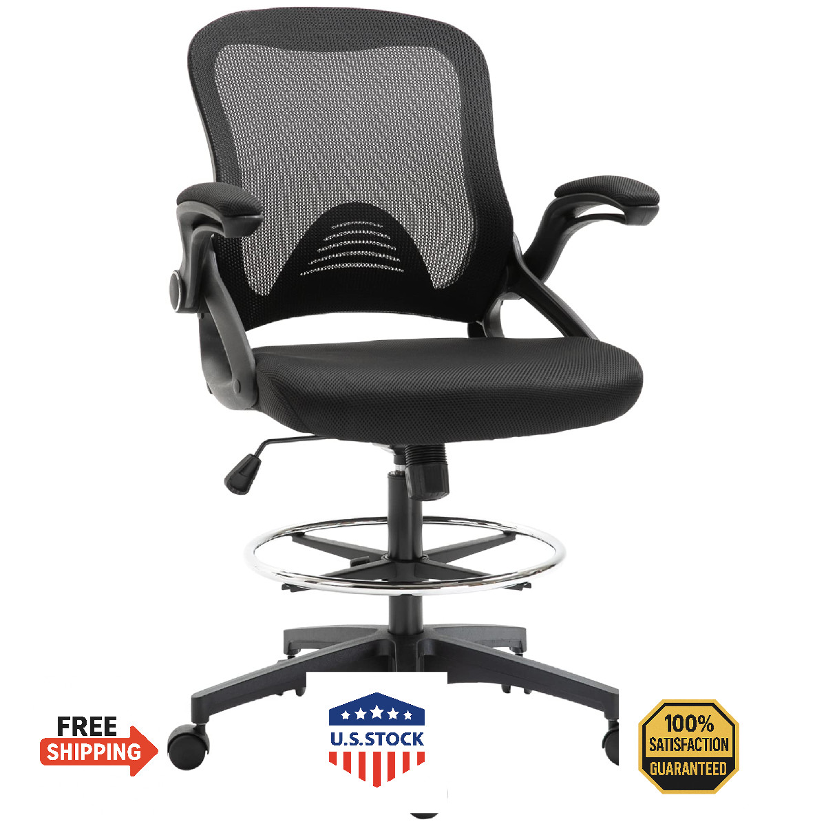 Vinsetto Mesh Drafting Chair, Tall Office Chair with Lumbar Support, Flip-Up Arm