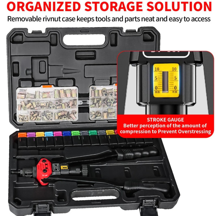 WORKPRO 16" Rivnut Tool Kit 11 Metric & SAE Mandrels Hand Nutsert Rivet Tool Set