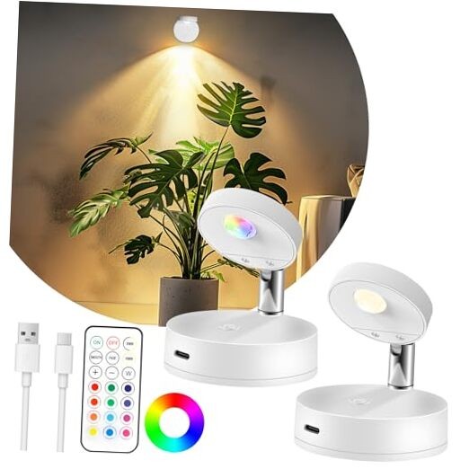 Rechargeable LED Spotlight for Indoor, Wireless RGB Spot Light with 2 Pack