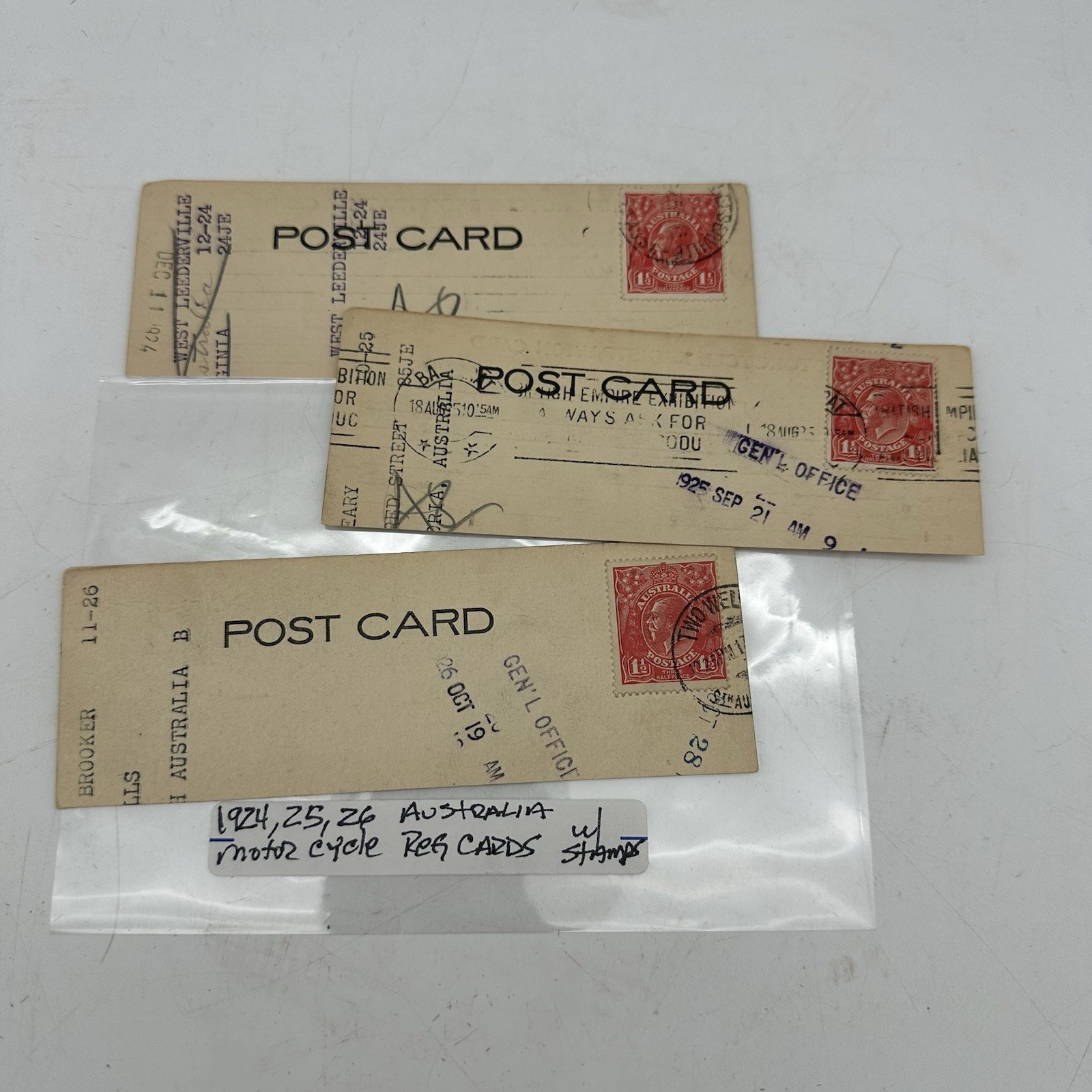 1924,1925, 1926  Australia Motorcycle Registration Cards With Stamps Lot Of 3