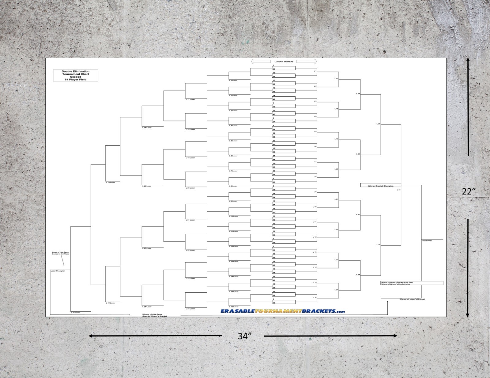 22x34 64 PLAYER DOUBLE ELIMINATION TOURNAMENT BRACKET CHART - SEEDED + PEN