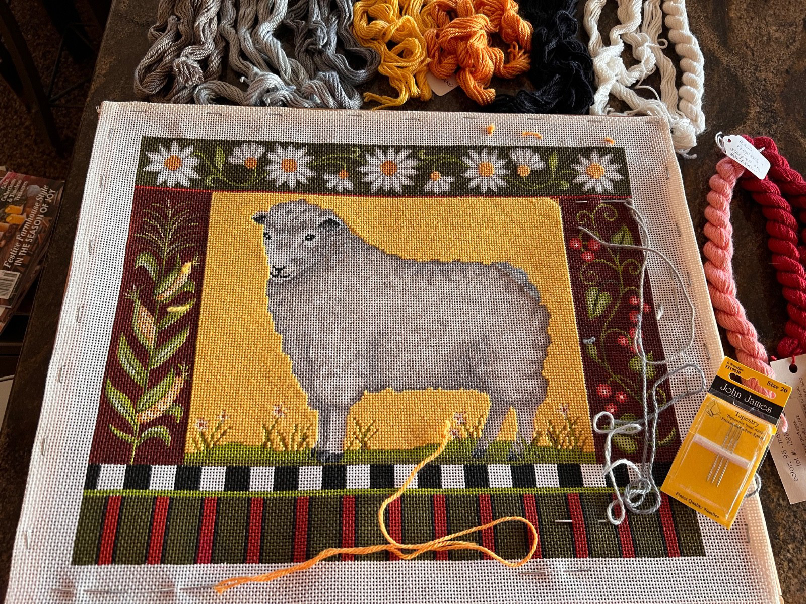 18"x15" Silk & Wool & Silk Needlepoint On Stretcher Borders Yellow Backgroud Com