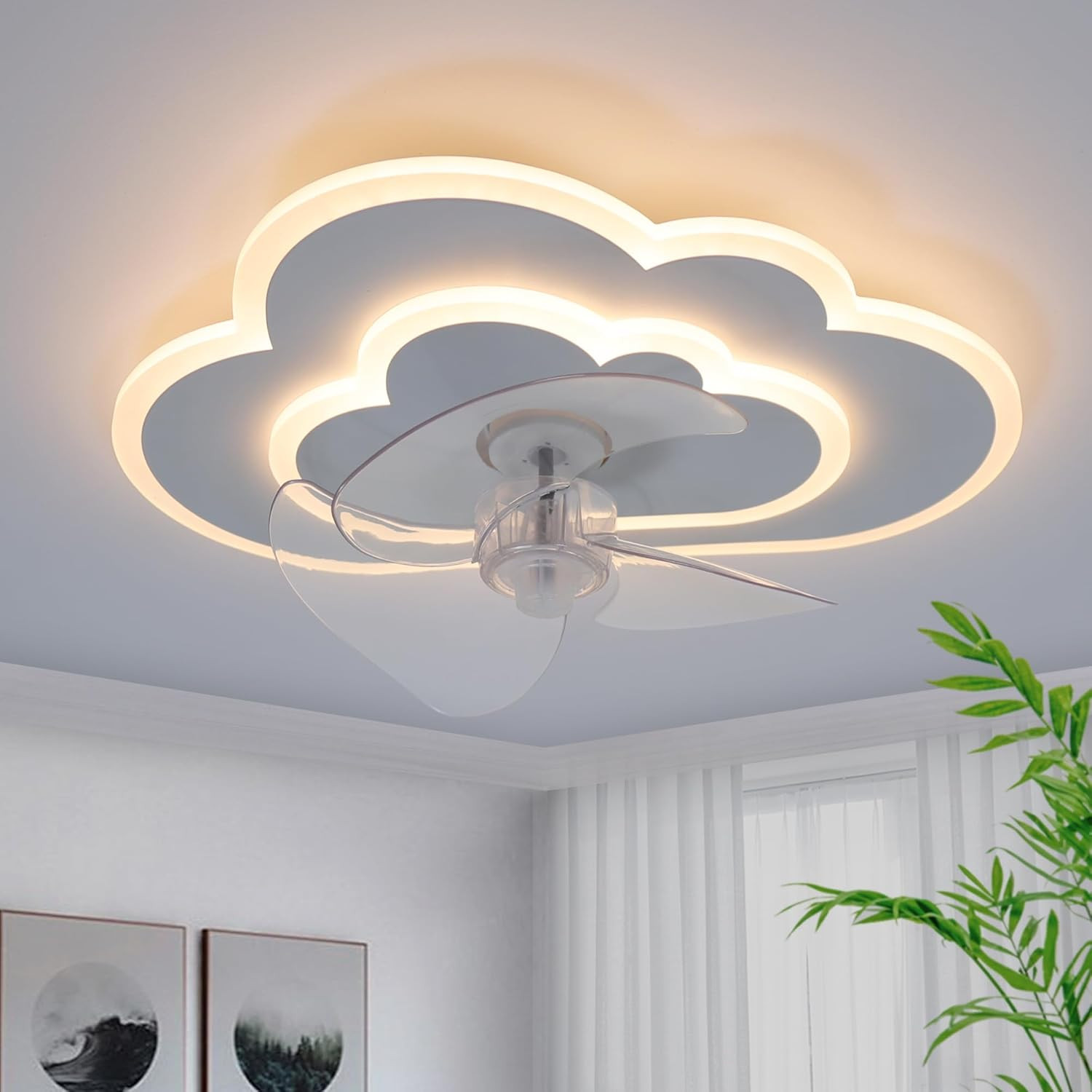 Low Profile ceiling fans with lights and remote 19.68in White Cloud bedroom fans