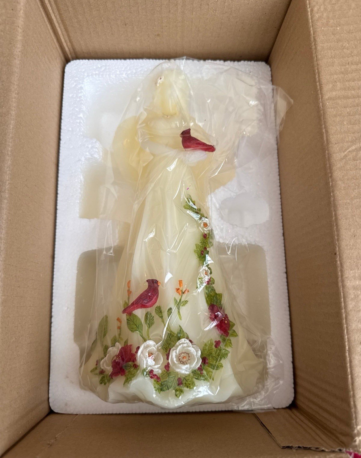 Wax Lighted Angel With Cardinals And Flowers 11” Figurine Collectible