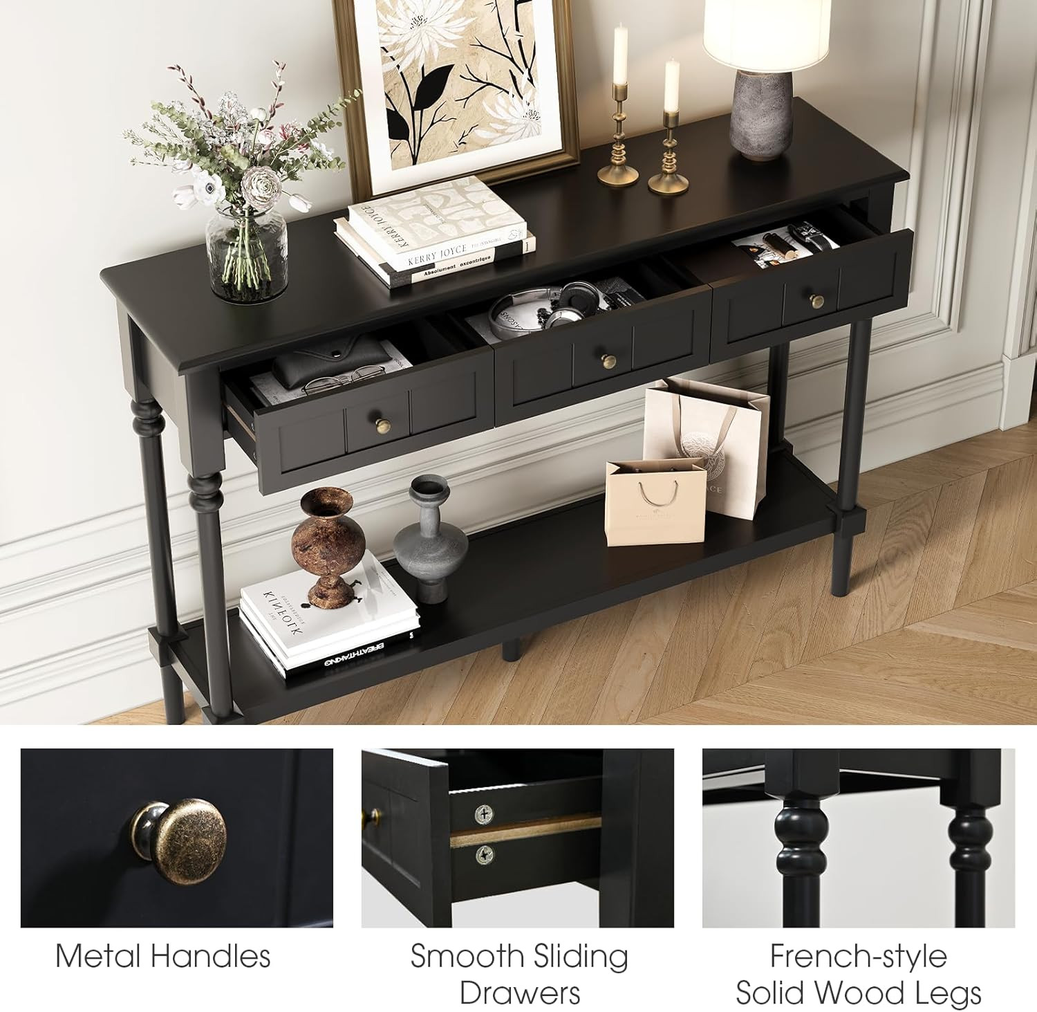 Console Tables with Drawers,43" Entryway Table with Shelf and Solid Wood Legs,Na
