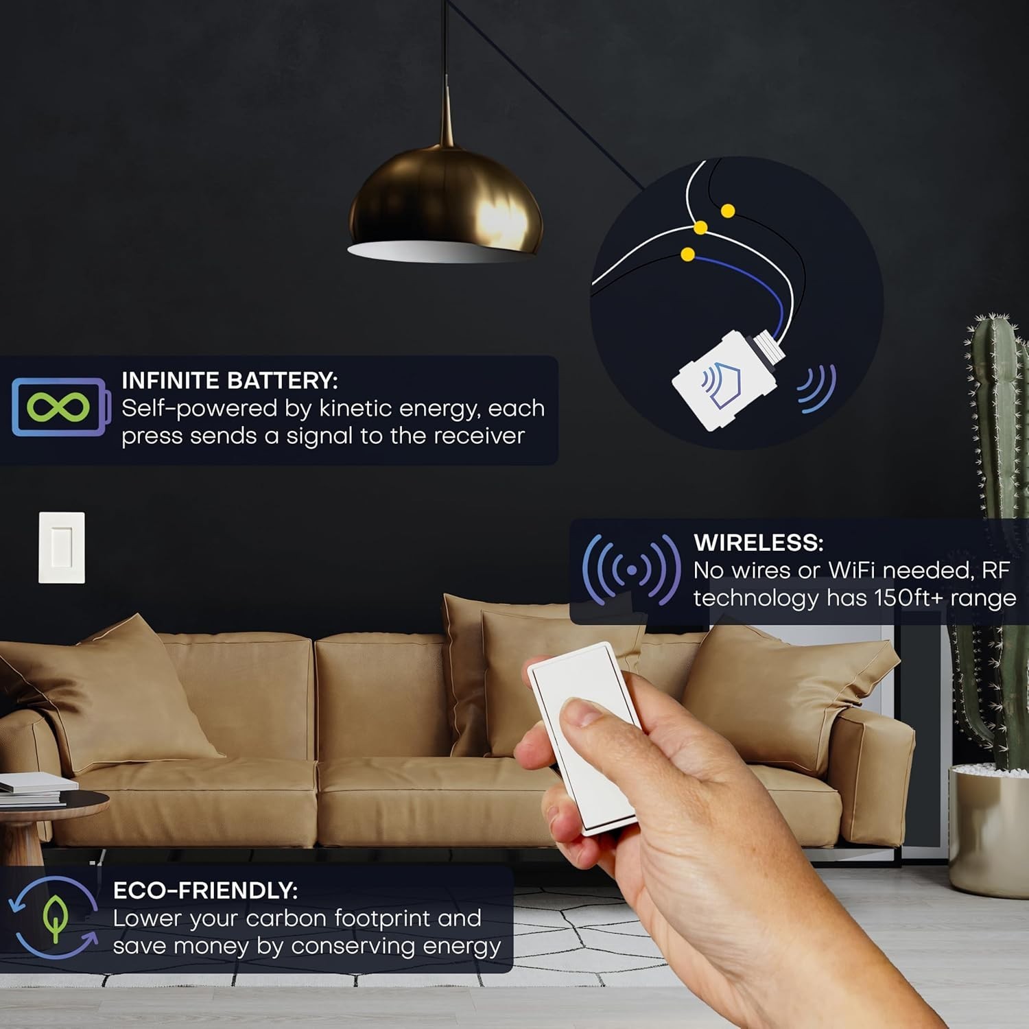 New Single Pole Detachable Battery-Free Wireless Light Switch Kit 150ft
