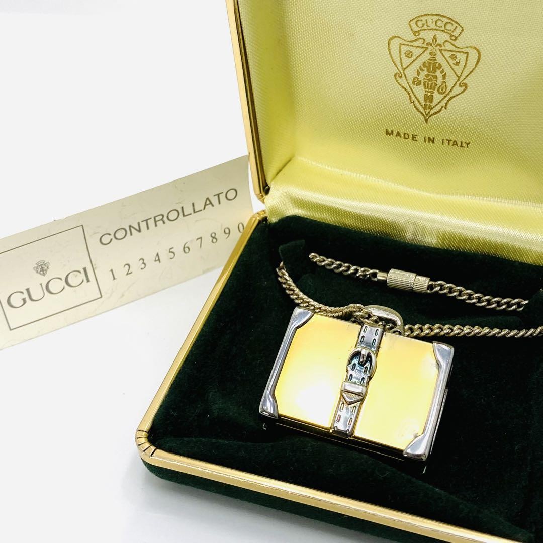 Gucci trunk motif keychain charm with box Vintage Gold Silver rare design Used