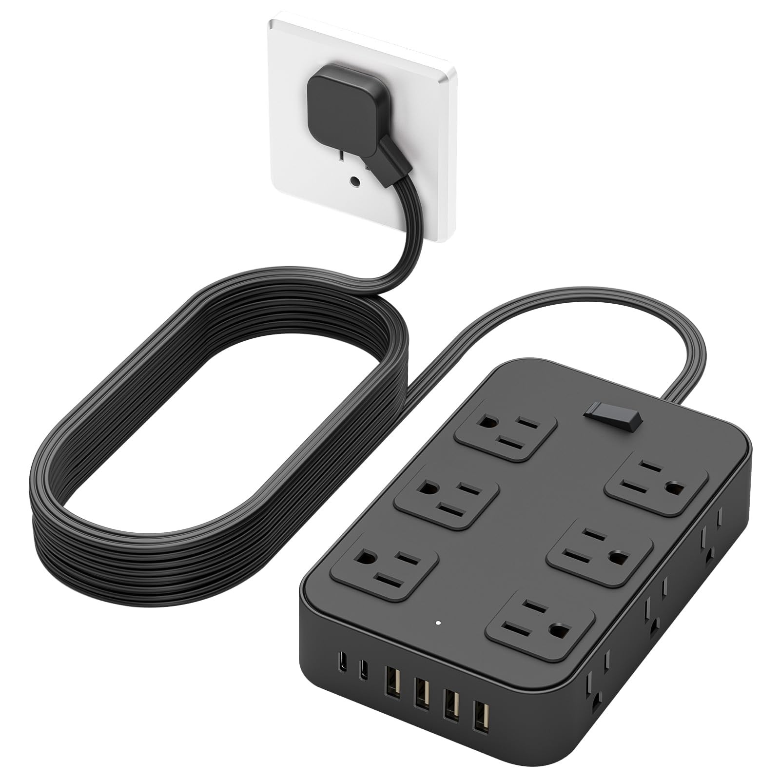 Flat Plug Power Strip Surge Protector with 12 AC Outlets 6 USB Ports 3 Side M...