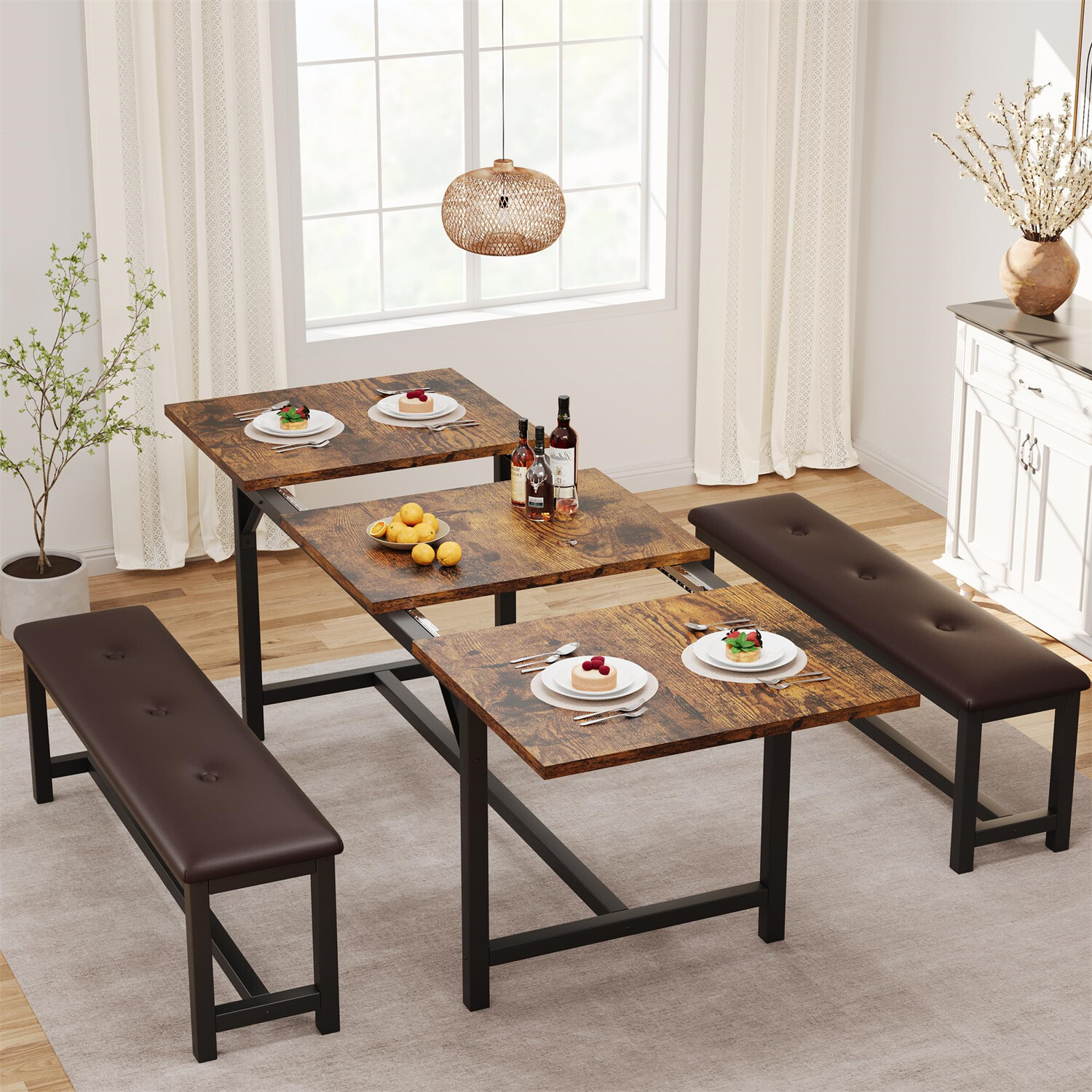 63" Extendable Dining Room Table Set with 2 Upholstered Benches Dining Table Se