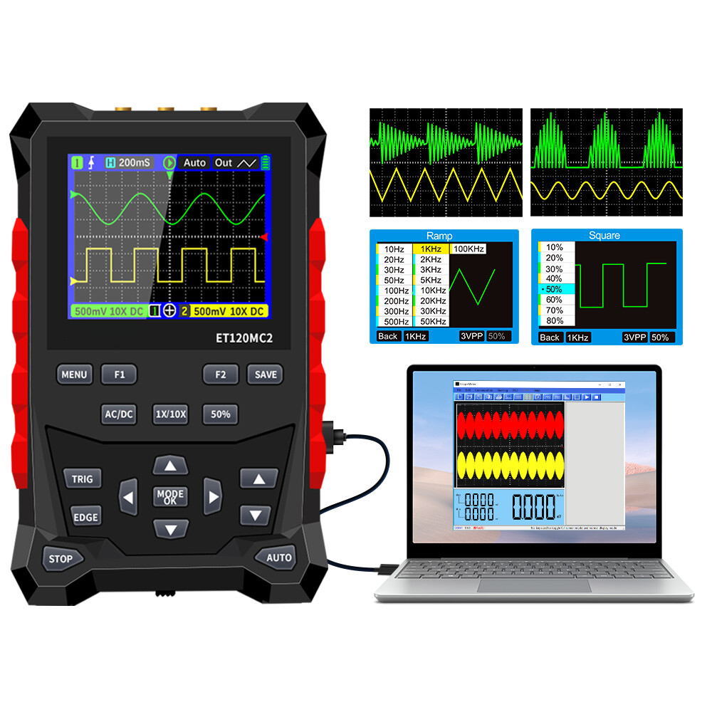 ET120MC2 2-Channel Portable Digital Oscilloscope 120MHz 500Msps Signal Generator