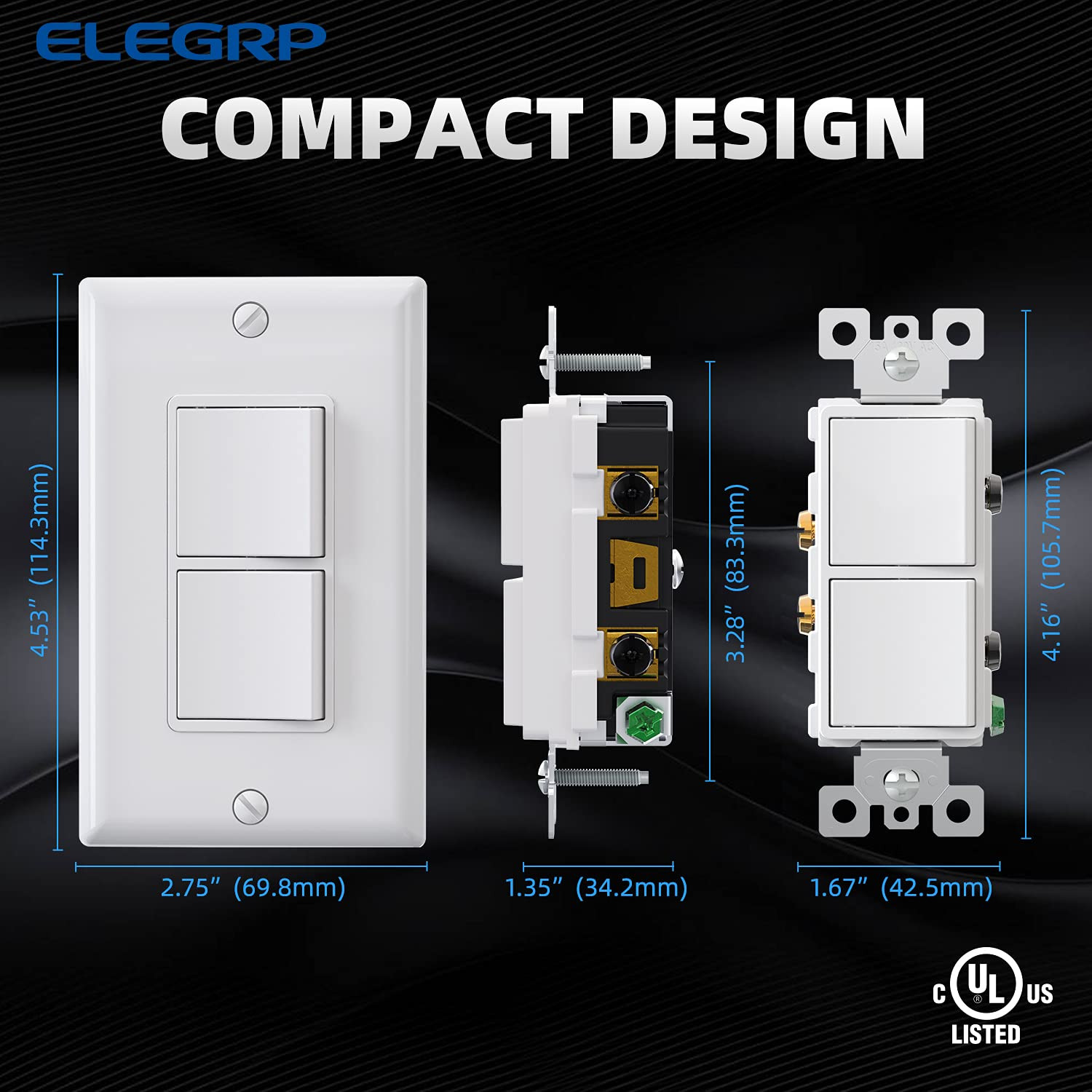 Decorator Double Rocker Light Switch, Two Single Pole Electrical Paddle, 15A 120