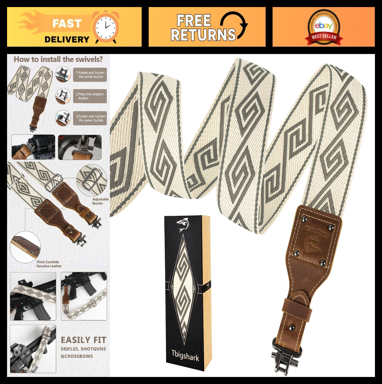 2" Wide Woven Cotton Rifle Sling with Leather Ends & Swivels - Fits Rifles/Shotg