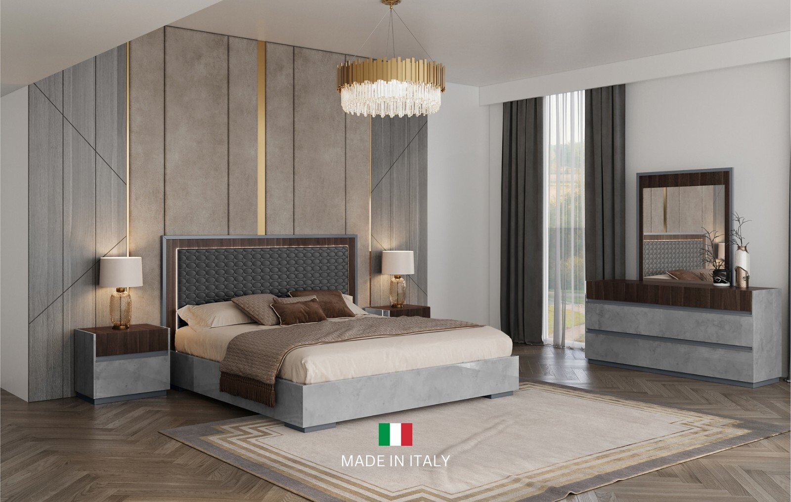 MADE IN ITALY 4PC LED Queen King Contemporary Bedroom Two-Tone Dark Eucalyptus