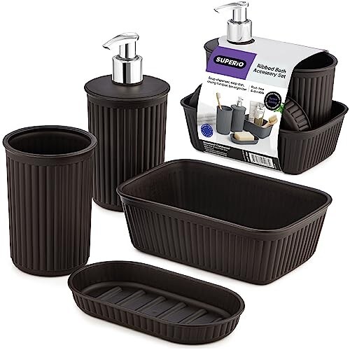 Decorative Brown Bathroom Accessory Set, Plastic 4 Pk. Ribbed Design Soap Holder