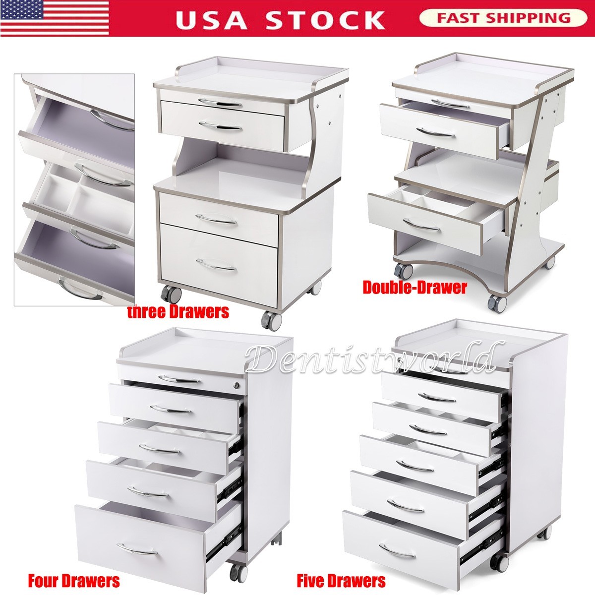 Dental Medical Tool Cart Mobile Storage Cabinet with 3/4/5 Drawers with Socket