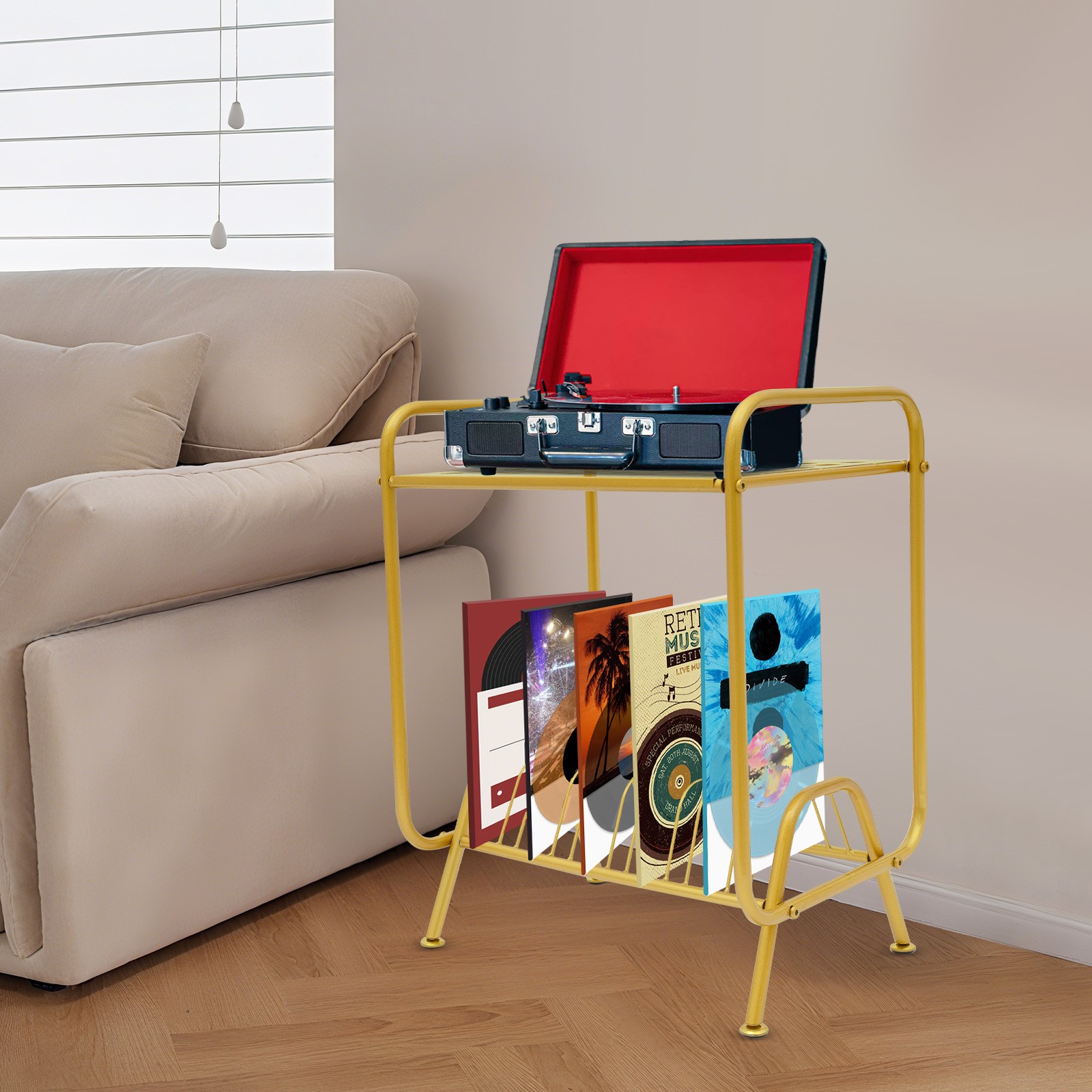 2-Tier Gold Record Player Stand, Player Stand w/16 Slots, Record Storage Stand